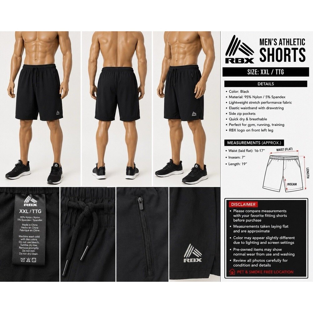 RBX Men’s Athletic Shorts Black Drawstring Waist Pockets 2XL Short Running  Gym